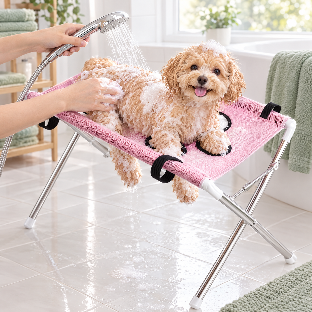 Dog being bathed in the Sudly grooming hammock