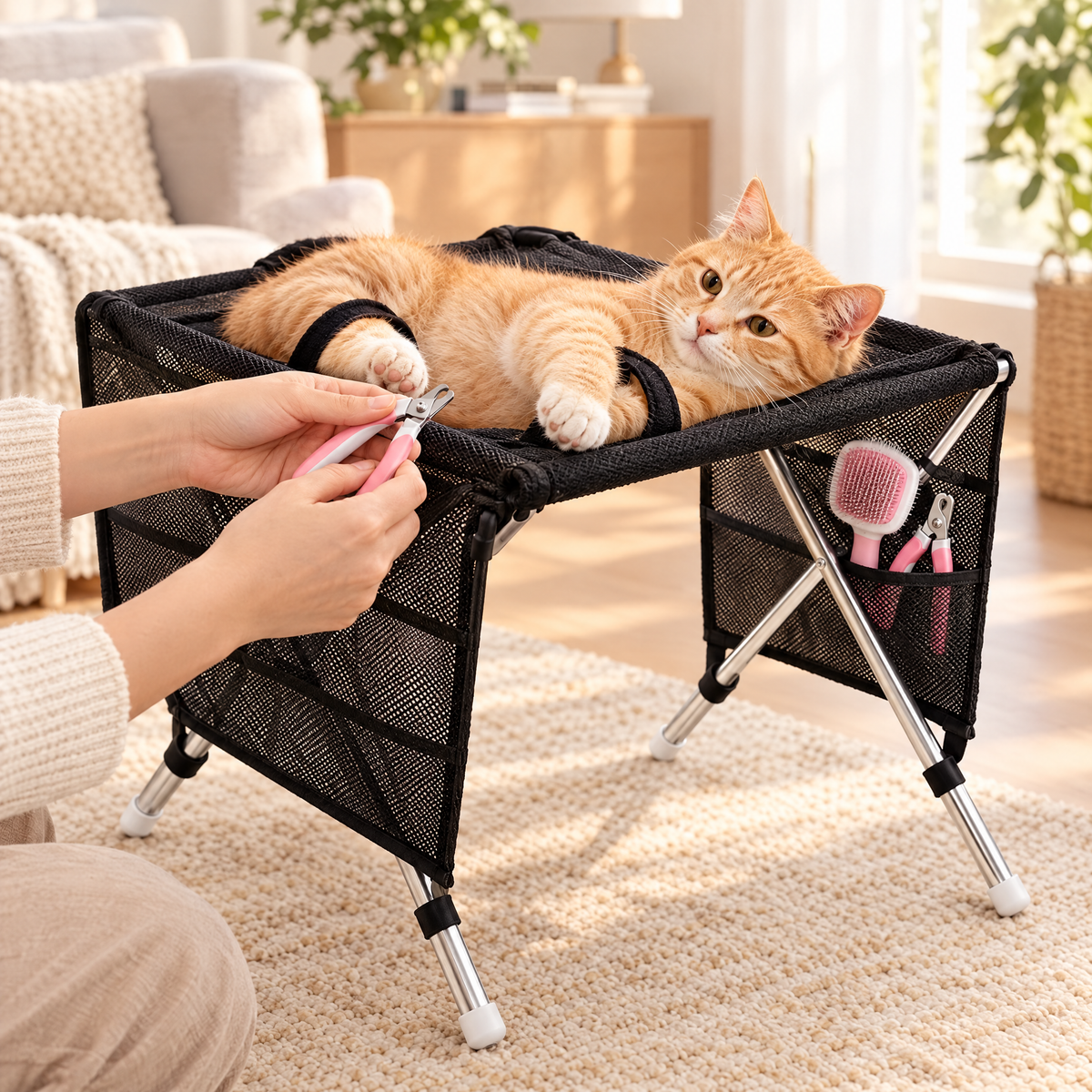 Cat getting a nail trim in the Sudly grooming hammock