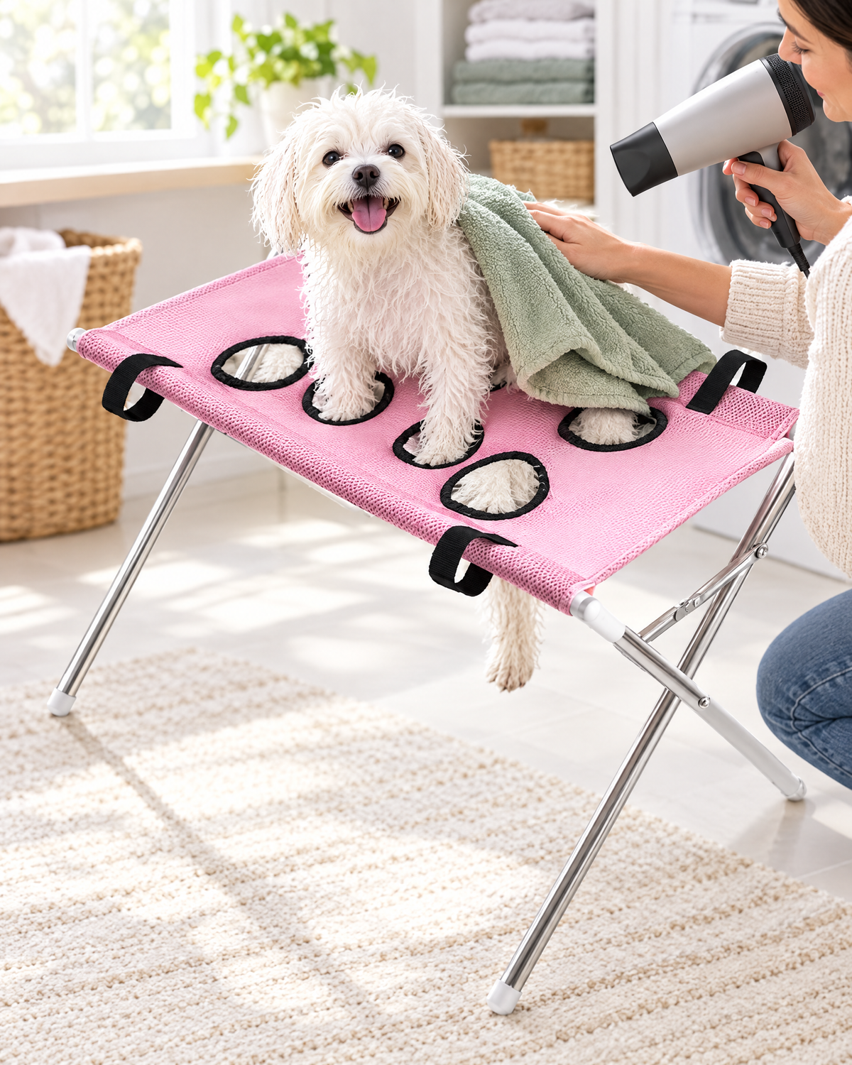 Dog being dried in the Sudly grooming hammock